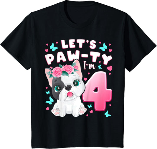 Kids 4th Birthday, Girl 4 Year, Dog, Puppy, Number 4 T-Shirt