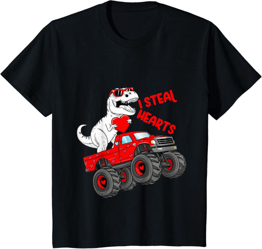 Kids Valentines Day T Rex Riding Monster Truck Funny Toddler Boys T-Shirt