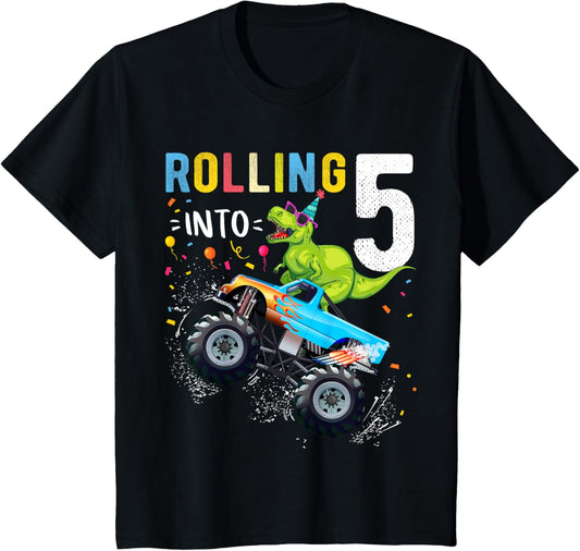 5 Year Old Birthday Dinosaur Monster Truck Family Matching T-Shirt