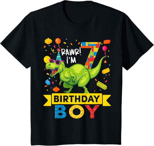 Kids 7 Year Old Dinosaur Building Blocks 7th Birthday Boy T-Shirt