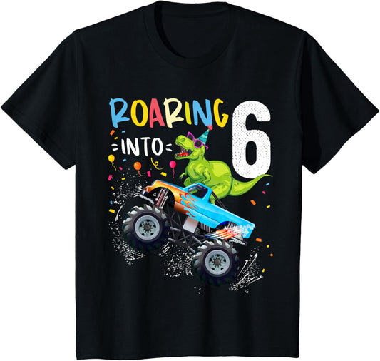 6th Birthday T Rex Dinosaur Monster Truck Boys and Girls T-Shirt