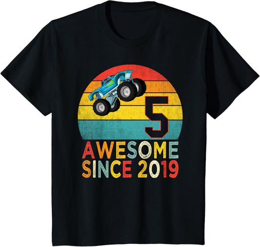5th Birthday Monster Truck Lover 5 Years Old Vintage Retro T-Shirt