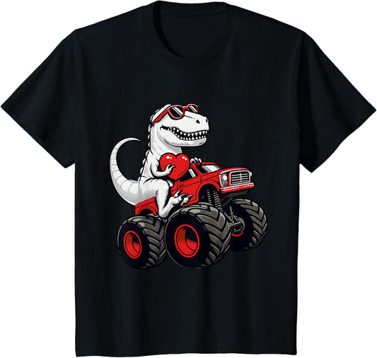Kids Valentines Day T Rex Riding Monster Truck Funny Toddler Boys T-Shirt