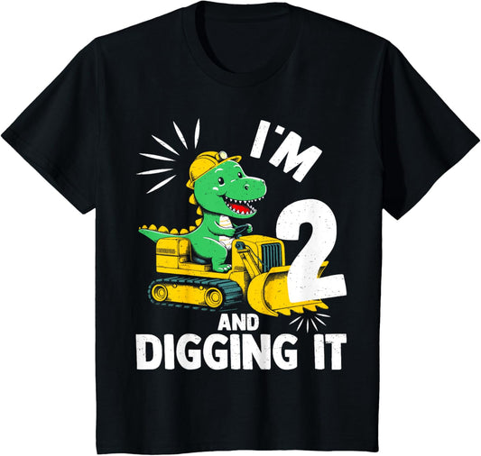 Kids I'm 2 And Digging It 2nd Birthday Dinosaur Construction Tee T-Shirt