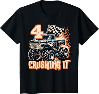 Kids 4 Crushing It Monster Truck Cool 4th Birthday Bday Boys Kids T-Shirt