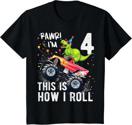 T Rex Dinosaur Monster Truck 4th Birthday Boys and Girls T-Shirt