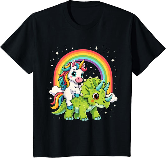 Unicorn Riding Dinosaur Triceratops Funny Girls Boys Rainbow T-Shirt