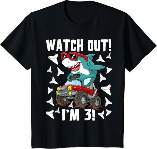 3 Years Old 3rd Birthday Shark Boy Girl Monster Truck Gamer T-Shirt