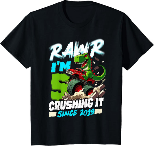 5 Crushing it Since 2019 T Rex Birthday Shirt 5 Years Old T-Shirt