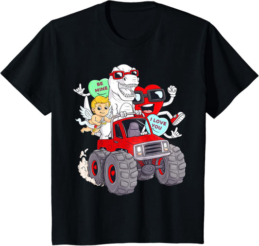 Kids Valentines Day Hearts T Rex Cupid Monster Truck Toddler Boys T-Shirt