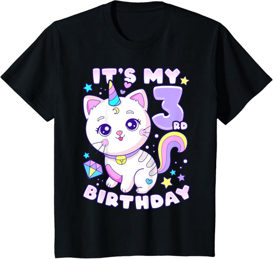 Kids Birthday girl 3 years old, cat, unicorn, 3rd birthday T-Shirt