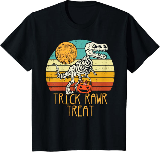 Kids Trick Rawr Treat Skeleton Dino Trex Toddler Boys Halloween T-Shirt