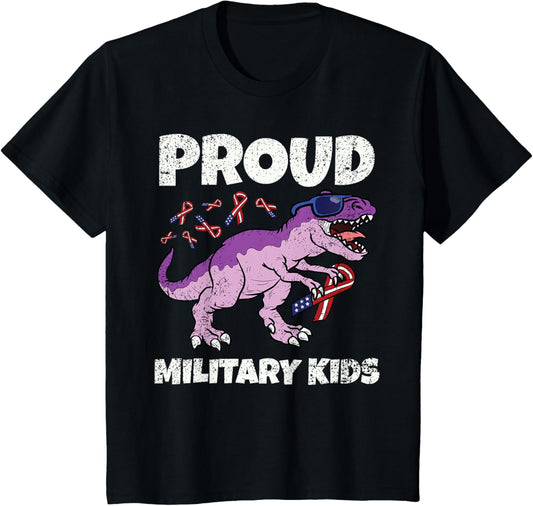 Kids Purple Up For Military Kids Trex Dinosaur American Flag T-Shirt