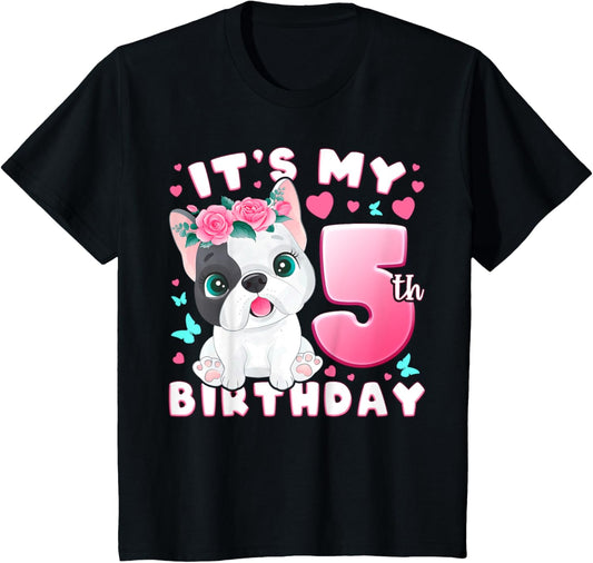 Kids 5th Birthday, Girl 5 Year, Dog, Puppy, Number 5 T-Shirt