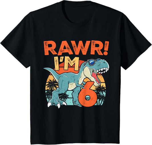 Kids Roar Rawr I'm Six Saurus T Rex Dinosaur 6th Birthday Boys 6 T-Shirt