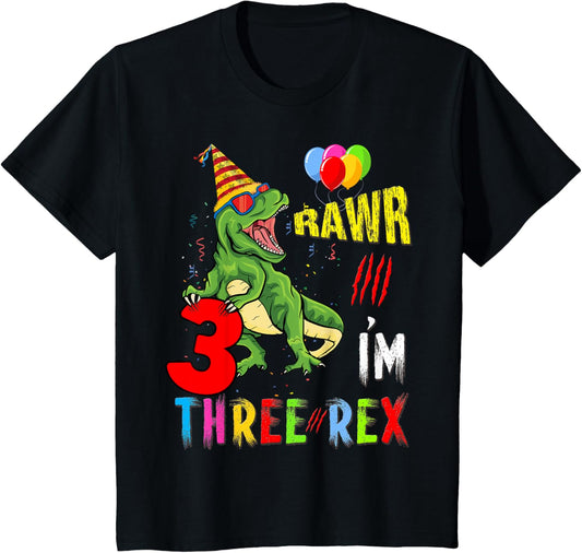 Three Rex Birthday Party Outfit Dinosaur 3 Year Old Boy Girl T-Shirt