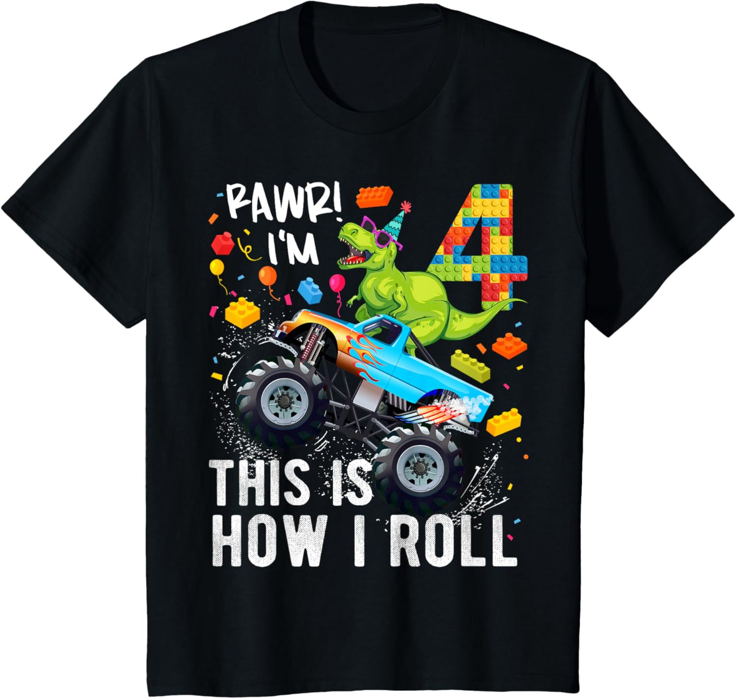 4 Year Old Building Blocks Monster Truck Dinosaur Birthday T-Shirt