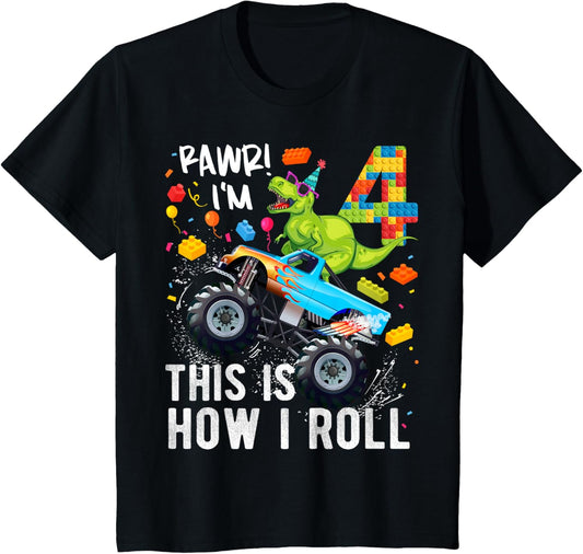 4 Year Old Building Blocks Monster Truck Dinosaur Birthday T-Shirt