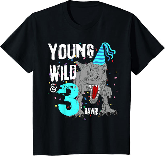 Kids Young Wild and Three (3) Dinosaur T-Rex Birthday Shirt Boys T-Shirt