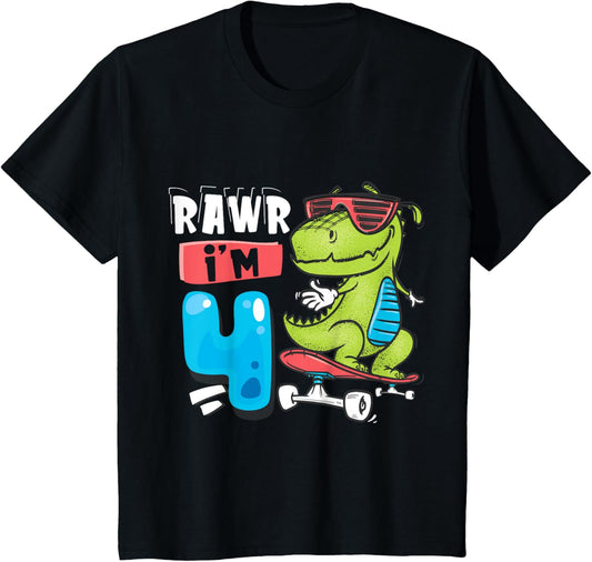 Kids Rawr I'm 4 T Rex Dinosaur Skateboard Boys 4th Birthday Party T-Shirt