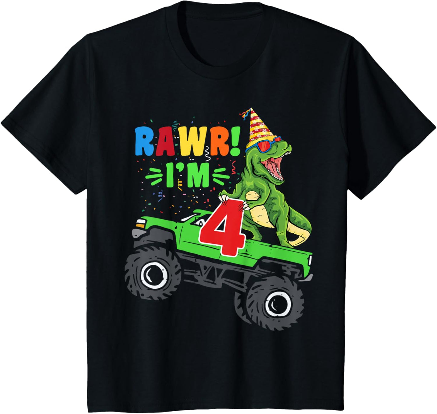 Kids Rawr Im 4 Dinosaur T Rex Monster Truck 4th Birthday Boys T-Shirt