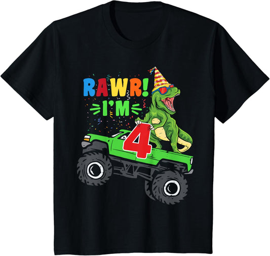 Kids Rawr Im 4 Dinosaur T Rex Monster Truck 4th Birthday Boys T-Shirt