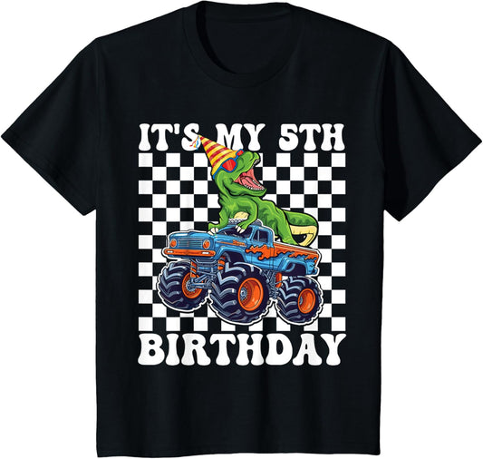 Kids 5th Birthday Monster Truck Dinosaur Birthday Boys 5 Year Old T-Shirt