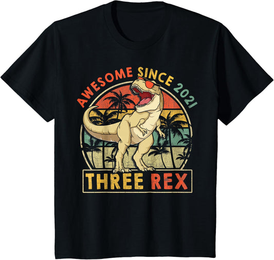 Kids Awesome Since 2021 Three Rex Dinosaur 3rd Birthday Fun T-Shirt
