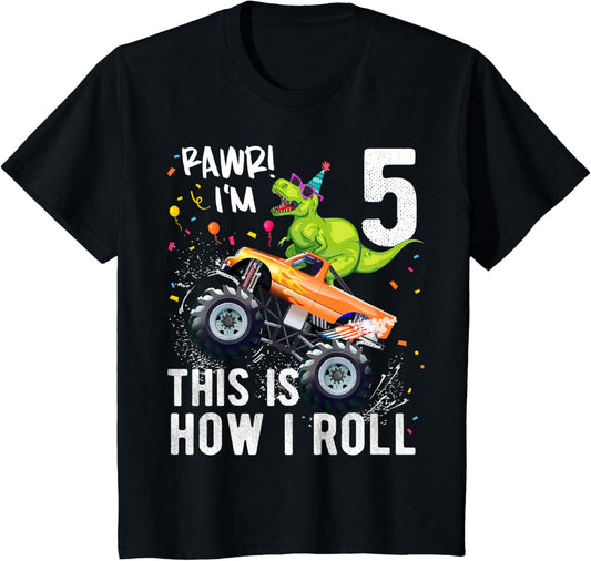 T Rex Dinosaur Monster Truck 5th Birthday Boys and Girls T-Shirt