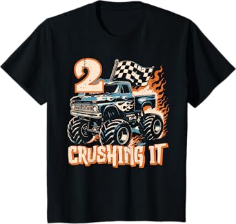 Kids 2 Crushing It Monster Truck 2nd Birthday Bday Boys Toddler T-Shirt