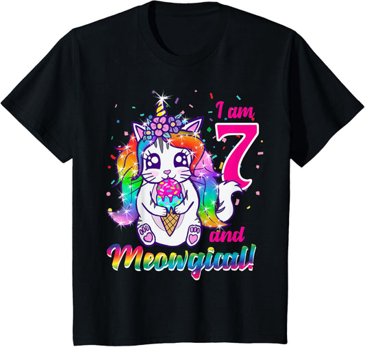Kids I am 7 and meowgical caticorn kittycorn birthday theme party T-Shirt