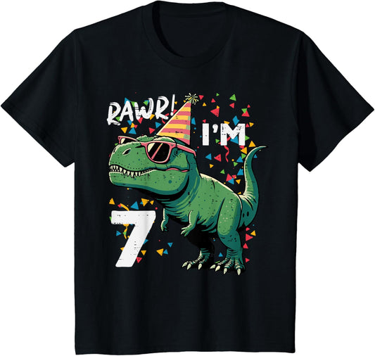 Kids 7th Birthday Trex Rawr Im 7 Years Old Bday Dino Boys Kids T-Shirt
