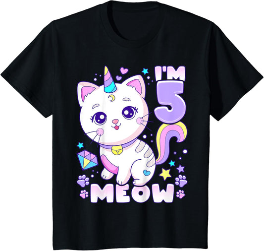 Kids Birthday girl 5 years old, cat, unicorn, 5th birthday T-Shirt
