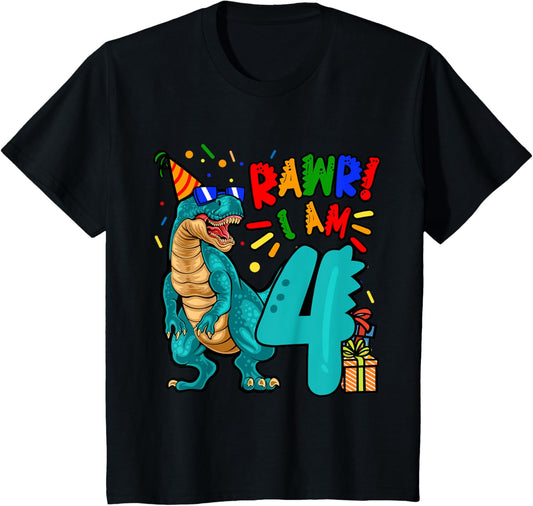 Kids 4th Birthday Boy Dinosaur RAWR! I Am 4 Years Old T-Shirt
