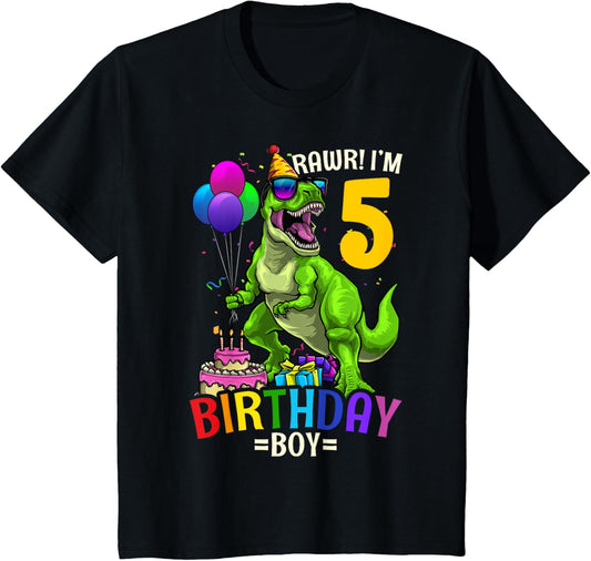 Kids 5th Birthday Boy T Rex Dinosaur Dino Party Gift T-Shirt