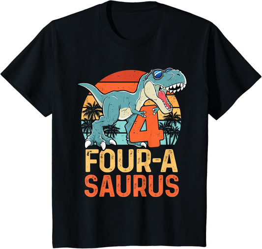 Kids Four Saurus Rex 4th Birthday Dinosaur 4 Year Old Boys T-Shirt