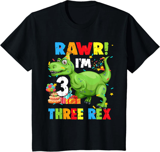 Kids Three Rex Birthday Party Outfit Dinosaur 3 Year Old Boy T-Shirt