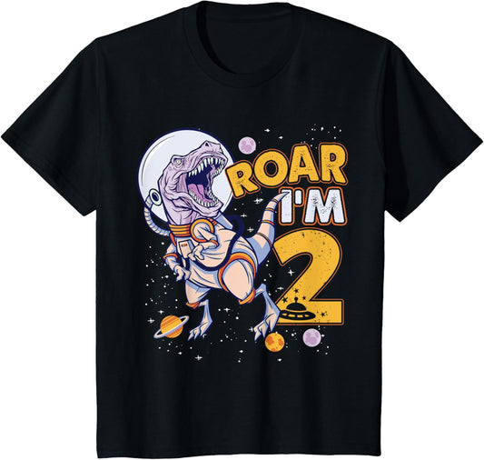 Kids 2nd Birthday Dinosaur 2 Years Old Astronaut Birthday Space T-Shirt