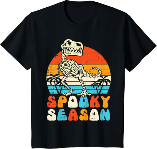 Kids Dinosaur Skeleton Spooky Season Retro Halloween Toddler Boys T-Shirt