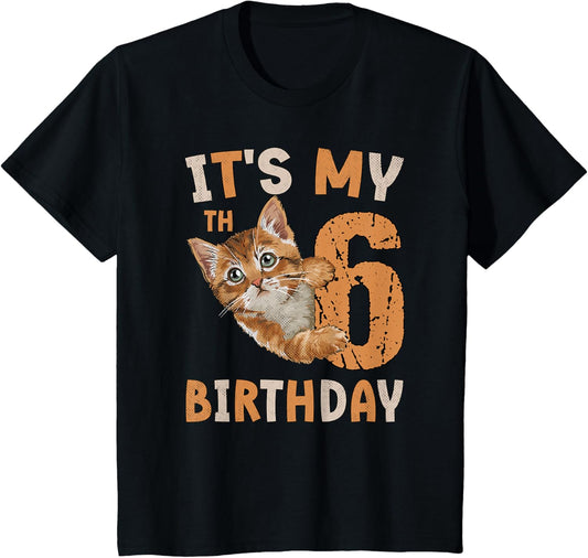 Kids It's My 6th Birthday Cat Lover 6 Years Old Birthday Vintage T-Shirt