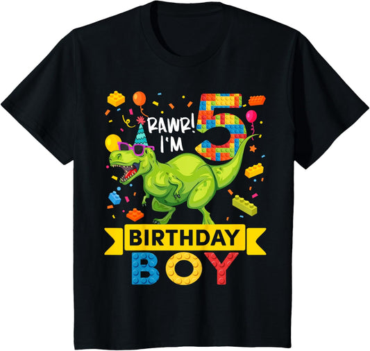 Kids 5 Year Old Dinosaur Building Blocks 5th Birthday Boy T-Shirt