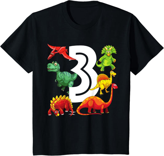 Kids 3 Year Old Dinosaur Birthday Party Dino Theme Boys 3rd Gift T-Shirt