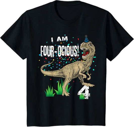 Young Wild and four-ocious Dinosaur T-Rex Birthday Outfit T-Shirt
