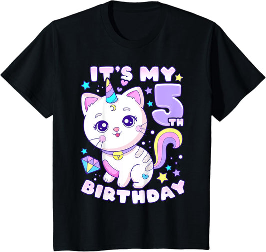 Kids Birthday girl 5 years old, cat, unicorn, 5th birthday T-Shirt