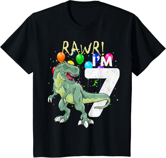 Kids 7 Year Old 7th Birthday Boy T Rex Dinosaur T-Shirt