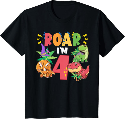 Roar I'm 4 Dinosaurs 4th Birthday Party 4 Year Old Toddler T-Shirt