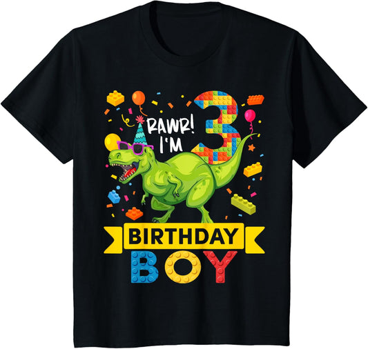 Kids 3 Year Old Dinosaur Building Blocks 3rd Birthday Boy T-Shirt