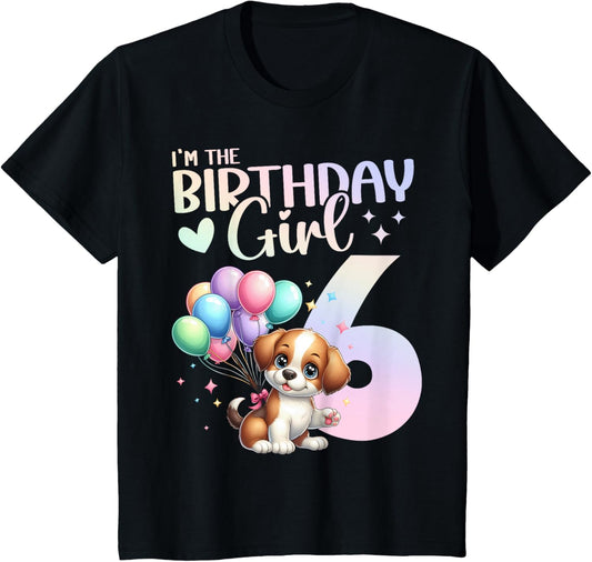 6th Birthday Girl Dog Cute 6 Years Old Six 6 Birthday T-Shirt