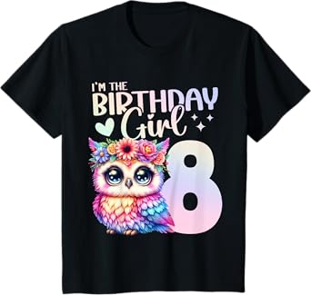 8th Birthday Owl 8 Years Eight Finally 8 Birthday Girl T-Shirt