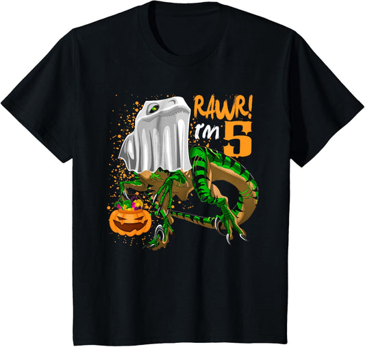 Kids Rawr I'm 5 Ghost Dinosaur T Rex 5th Birthday Halloween Party T-Shirt